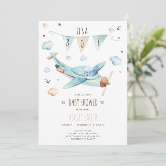 Vliegtuig  avontuur Het is een Baby shower van een Kaart (Staand voorkant)