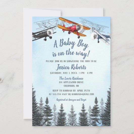  Vliegtuig Baby Boy Baby shower Uitnodiging (Voorkant)