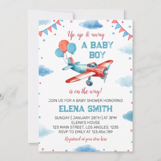  Vliegtuig Baby Boy Baby shower Uitnodiging (Voorkant)