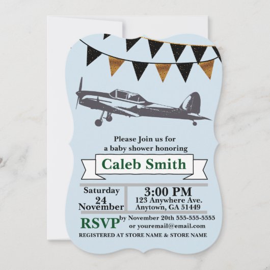 Vliegtuig Baby Boy Shower Invitations Kaart (Voorkant)