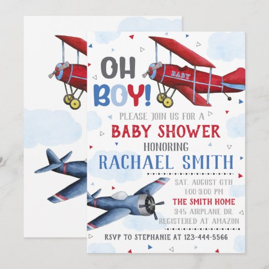 Vliegtuig Baby shower Uitnodiging, Boy Baby shower Kaart (Voorkant / Achterkant)