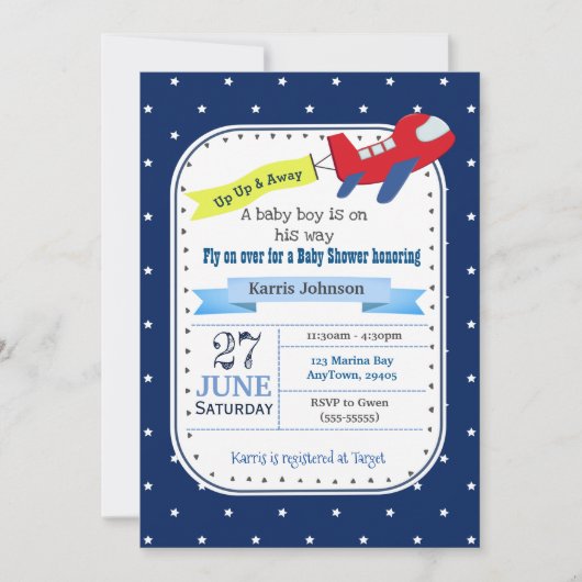 Vliegtuig Baby shower Uitnodiging rood en marinebl (Voorkant)