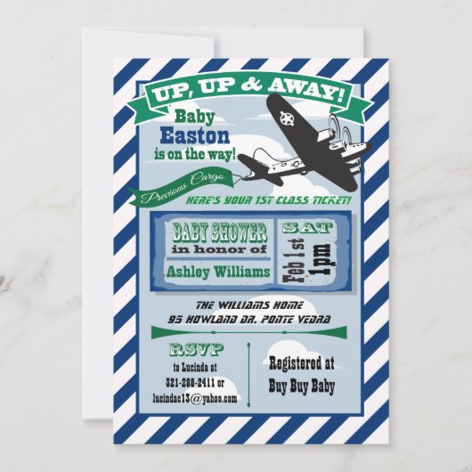 Vliegtuig baby shower uitnodiging ticket CUSTOM (Voorkant)