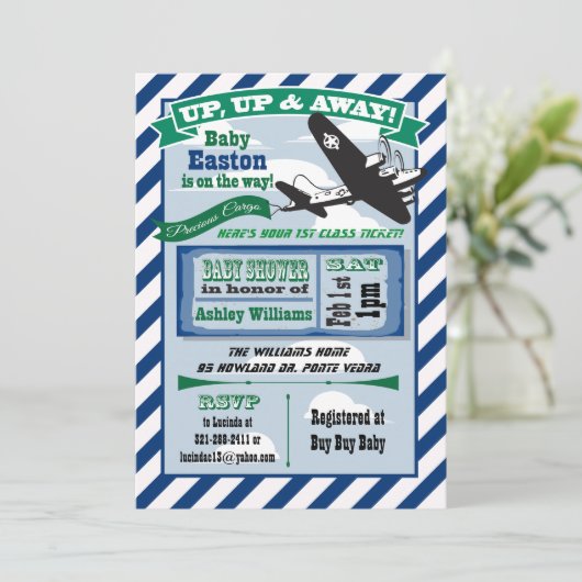 Vliegtuig baby shower uitnodiging ticket CUSTOM (Staand voorkant)