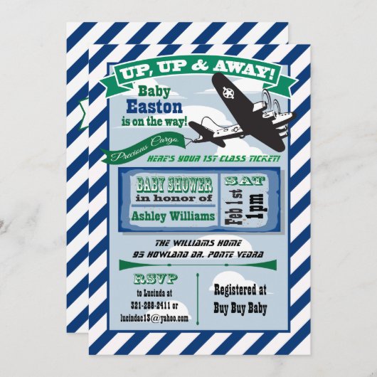 Vliegtuig baby shower uitnodiging ticket CUSTOM (Voorkant / Achterkant)