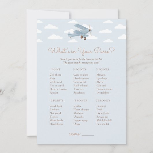 Vliegtuig Baby shower Wat zit er in je tas spel Kaart (Voorkant)