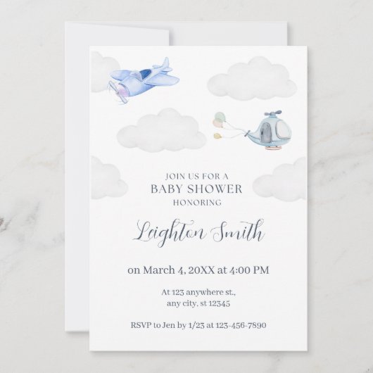 Vliegtuig Babydoudeuitnodiging Kaart (Voorkant)