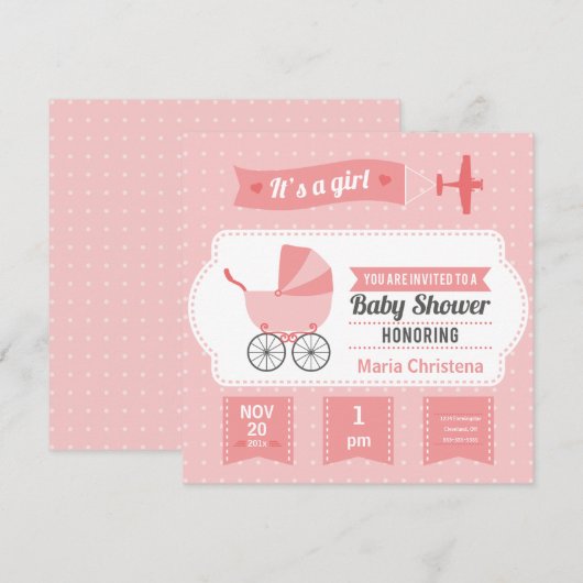 Vliegtuig Banner Baby shower Invitation (Roze) Kaart (Voorkant / Achterkant)