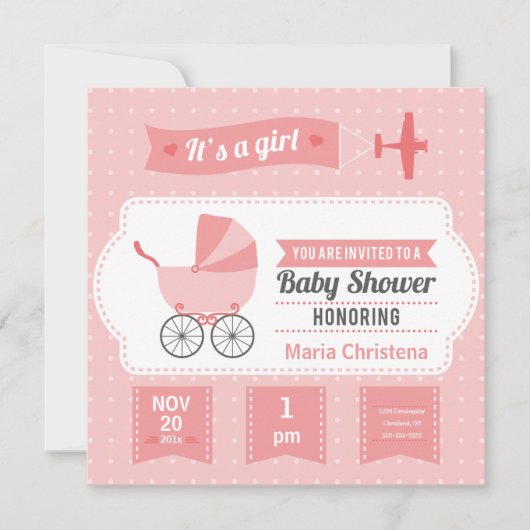 Vliegtuig Banner Baby shower Invitation (Roze) Kaart (Voorkant)