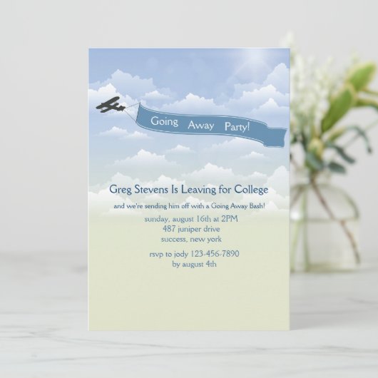 Vliegtuig banner weggaan uitnodiging (Staand voorkant)