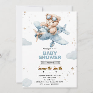 Vliegtuig Beer Baby Shower Uitnodiging