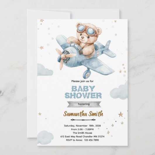 Vliegtuig Beer Baby Shower Uitnodiging (Voorkant)