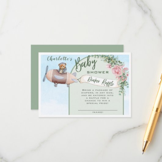 Vliegtuig Beer Pilot Baby shower Luier Raffle Informatiekaartje (Voorkant / Achterkant in situ)