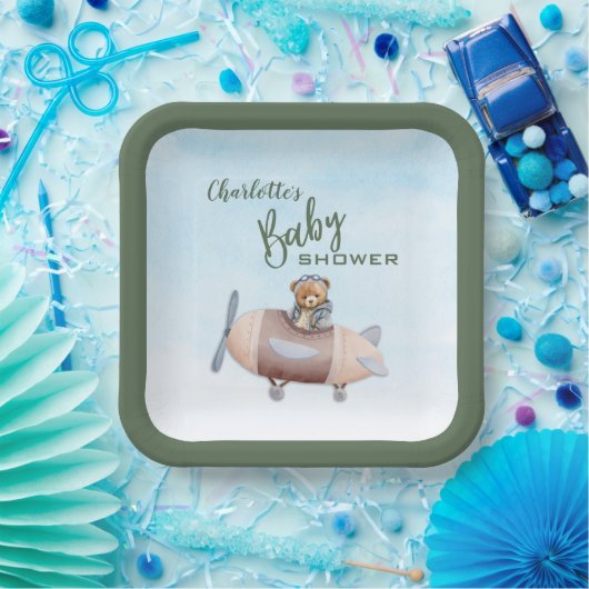 Vliegtuig Beer Pilot Baby shower Papier Bord (Feest)