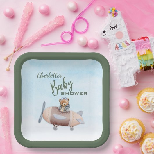 Vliegtuig Beer Pilot Baby shower Papier Bord (Feest)