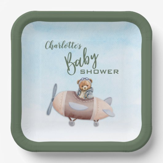 Vliegtuig Beer Pilot Baby shower Papier Bord (Voorkant)