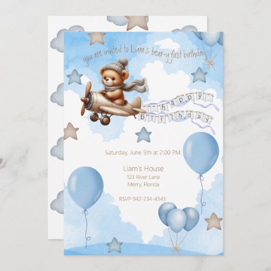 Vliegtuig Beer-y eerste verjaardag blauw Kaart (Voorkant / Achterkant)