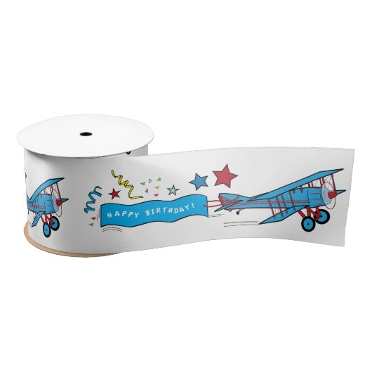Vliegtuig: Biplane Birthday Party 3 inch Satijnen Lint (Spoel)