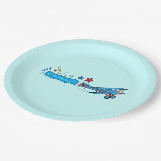 Vliegtuig: Biplane Happy Birthday-banner Papieren Bordje (Gekanteld)