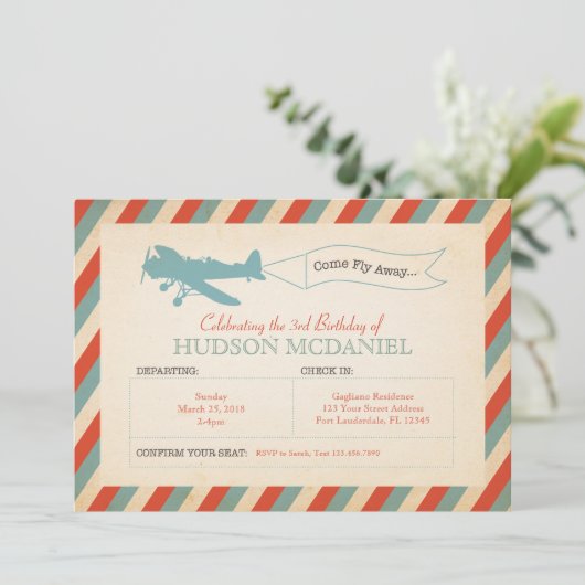  vliegtuig - Birthday - uitnodiging (Staand voorkant)