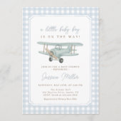 Vliegtuig Blauw Gingham Baby Shower Uitnodiging (Voorkant)