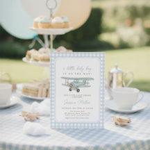 Vliegtuig Blauw Gingham Baby Shower Uitnodiging