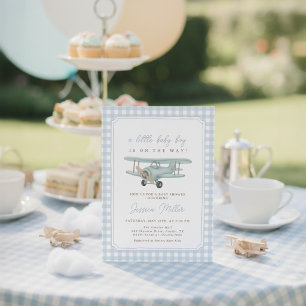 Vliegtuig Blauw Gingham Baby Shower Uitnodiging