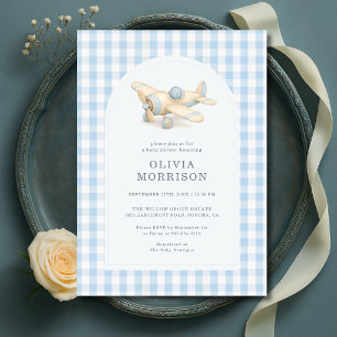 Vliegtuig Blauw Gingham Jongen Baby Borrel Kaart
