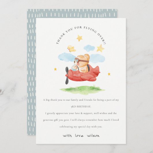 Vliegtuig boven Teddy Bear Animal Planthday Bedankkaart (Voorkant / Achterkant)
