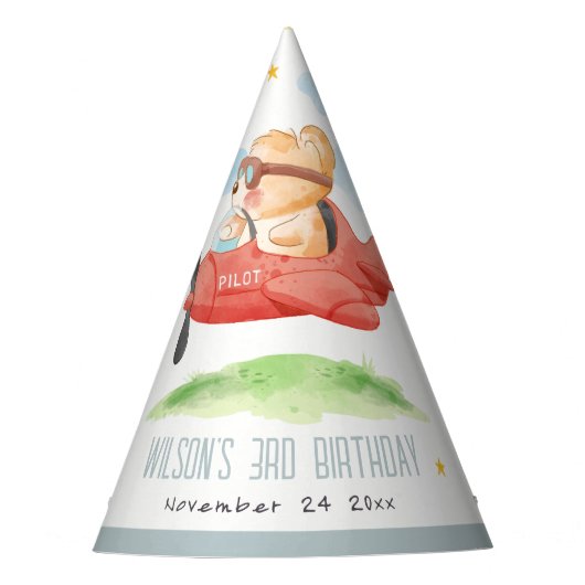 Vliegtuig boven Teddy Bear Animal Planthday Feesthoedjes (Voorkant)