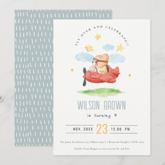 Vliegtuig boven Teddy Bear Animal Planthday Kaart (Voorkant / Achterkant)