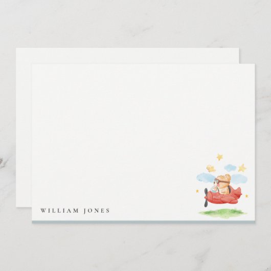 Vliegtuig boven Teddy Bear Animal Planthday Notitiekaartje (Voorkant / Achterkant)