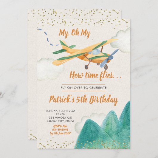  vliegtuig Boy Birthday Party Invitation Kaart (Voorkant / Achterkant)