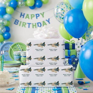 Vliegtuig camouflage jongen 1e verjaardag cadeaupapier