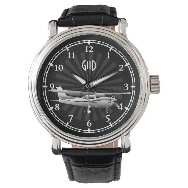 Vliegtuig Cessna Silhouet Sunburst Monogram Horloge (Voorkant)