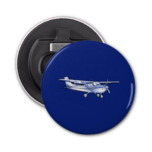 Vliegtuig Chrome Cessna Silhouette die op blauw vl Button Flesopener (Voorkant)