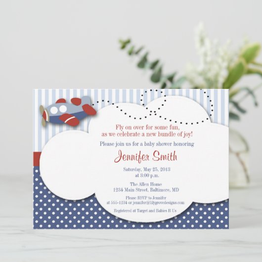 Vliegtuig Cloud 1 Baby shower Uitnodiging (Staand voorkant)
