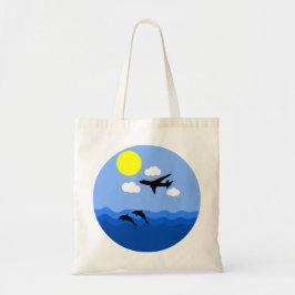 vliegtuig dat boven water met dolfijnen vliegt tote bag