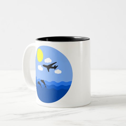 vliegtuig dat boven water met dolfijnen vliegt tweekleurige koffiemok (Voorkant links)