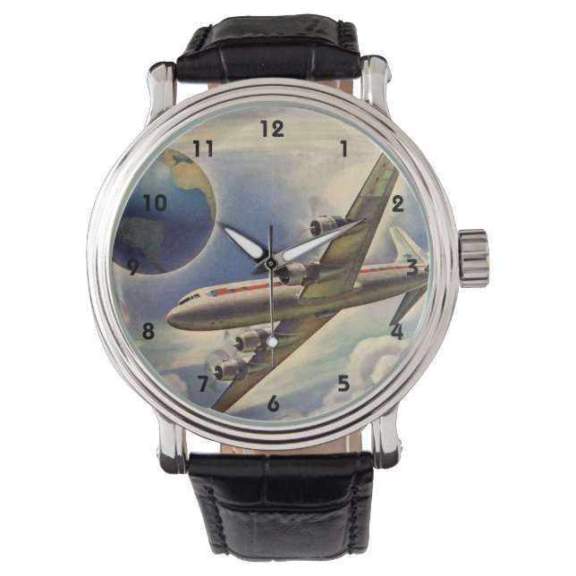 vliegtuig dat over de hele wereld in wolken vlieg horloge (Voorkant)