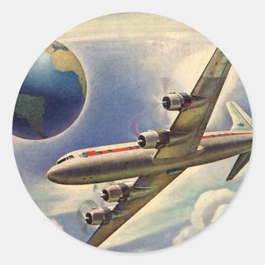 vliegtuig dat over de hele wereld in wolken vlieg ronde sticker (Voorkant)