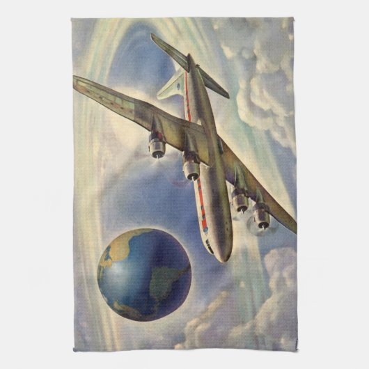 vliegtuig dat over de hele wereld in wolken vlieg theedoek (Verticaal)
