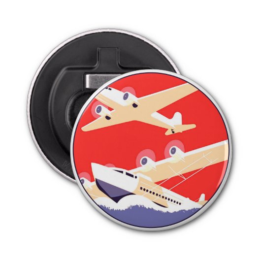 Vliegtuig die  WPA Kleurrijk vliegen Button Flesopener (Voorkant)