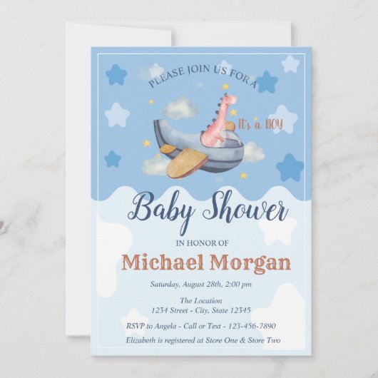 Vliegtuig Dino Clouds Het is een Baby shower. Kaart (Voorkant)
