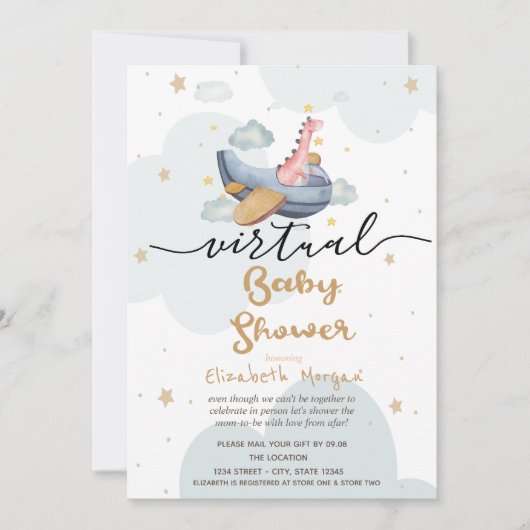 Vliegtuig Dino Clouds Stars Virtueel Baby shower Kaart (Voorkant)
