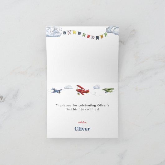  vliegtuig eerste verjaardag dank u bedankkaart (Binnen)