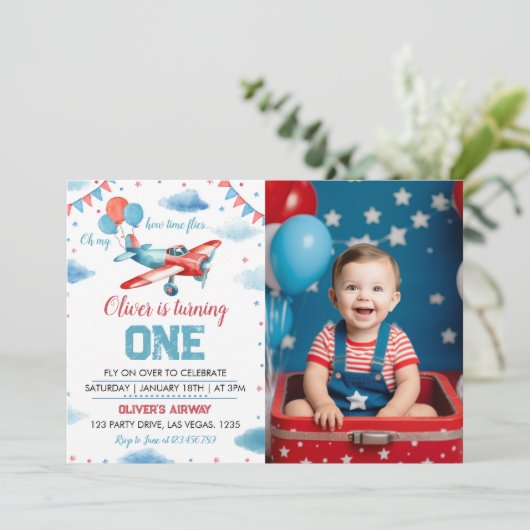  Vliegtuig Eerste Verjaardagsfeestuitnodiging Kaart (Staand voorkant)