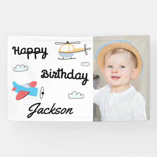 Vliegtuig en helikopter Foto Happy Birthday Spandoek (Horizontaal)