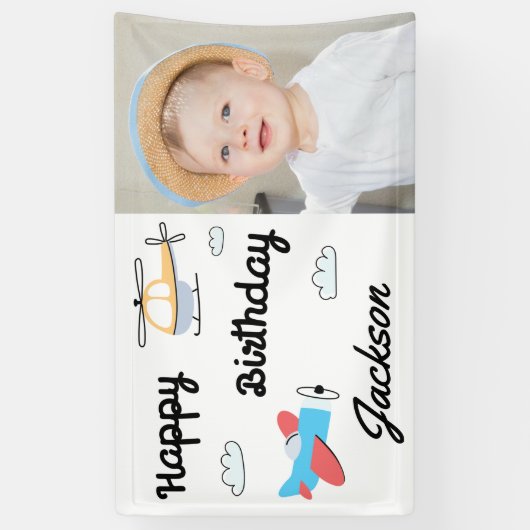 Vliegtuig en helikopter Foto Happy Birthday Spandoek (Verticaal)