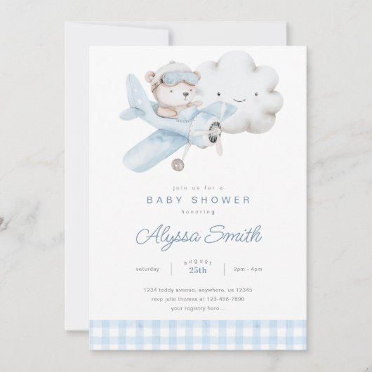 Vliegtuig en Teddy Bear Baby shower Kaart (Voorkant)